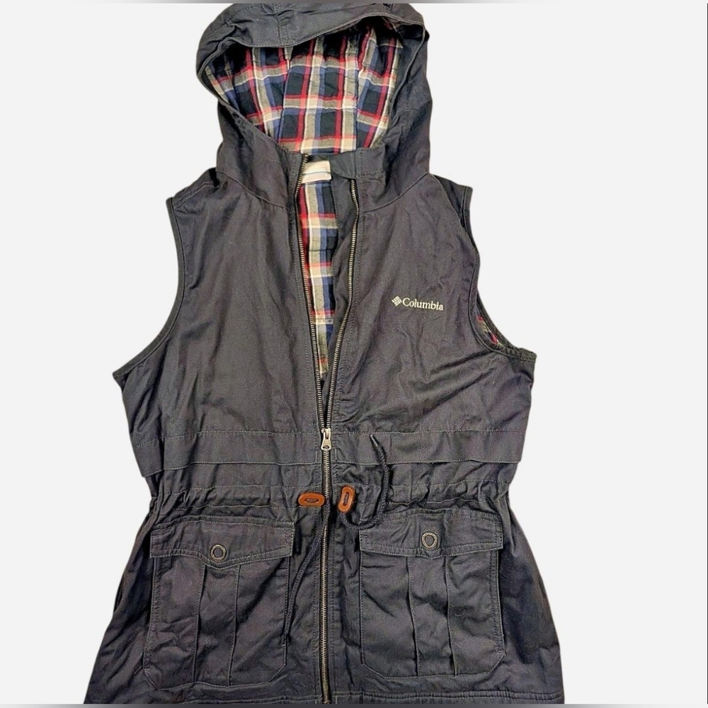 Columbia Navy Blue Vest Hood Plaid Lining Waist Cinch Womens Size L Outdoor